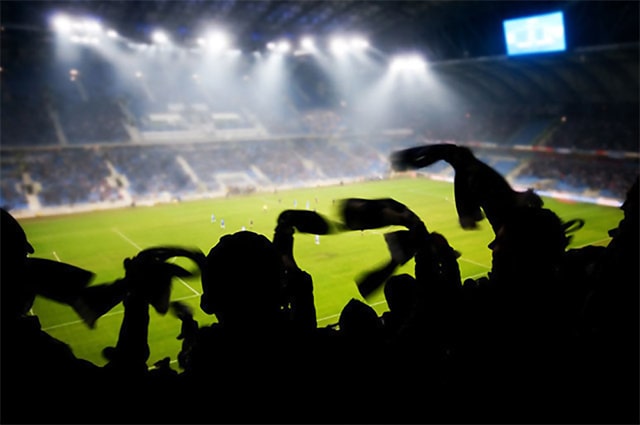 Silhouettes of fans celebrating a goal on soccer